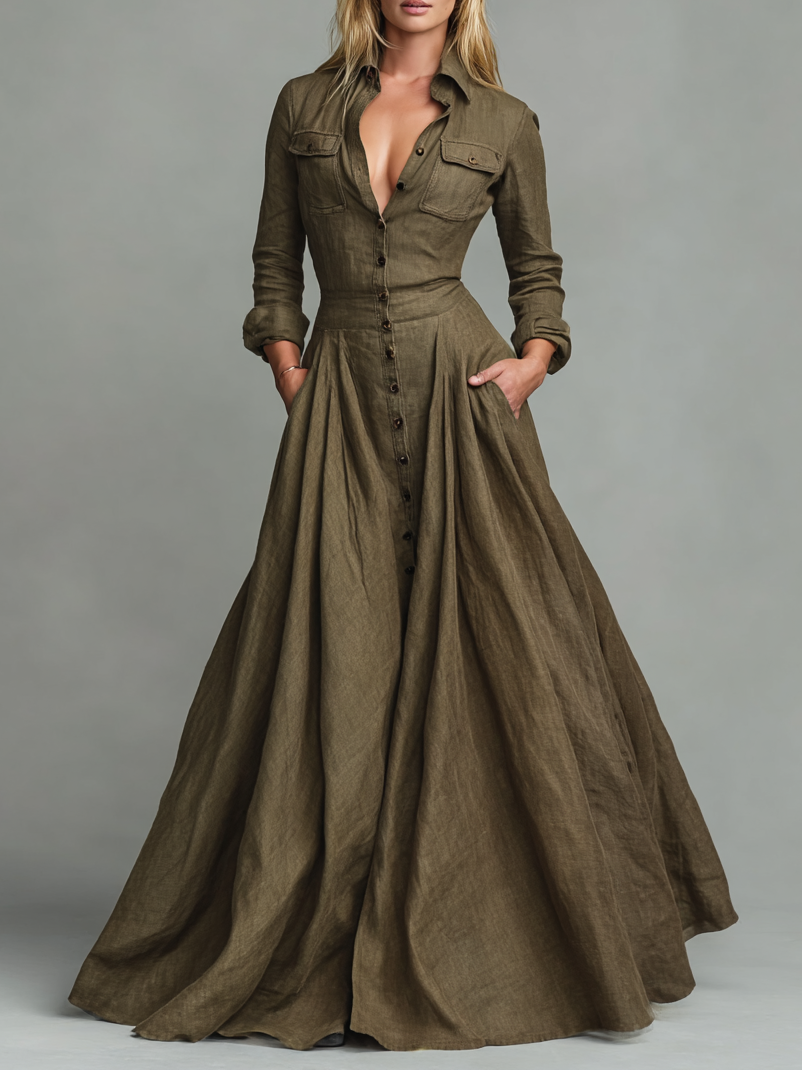 Rochie Maxi Vintage din Bumbac și In pentru Femei cu Design Tip Cămașă
