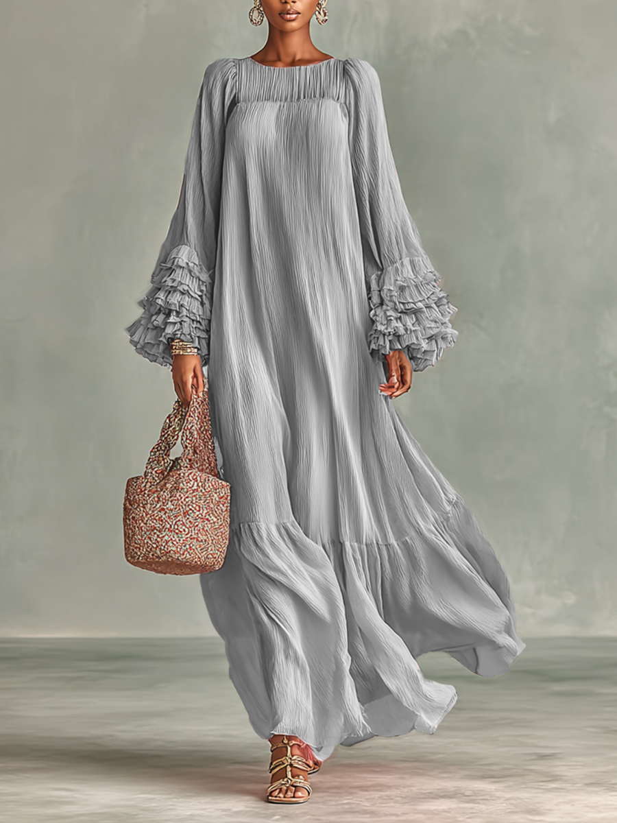 Rochie Maxi din Chiffon Plisat pentru Femei cu Mâneci Lungi și Volane
