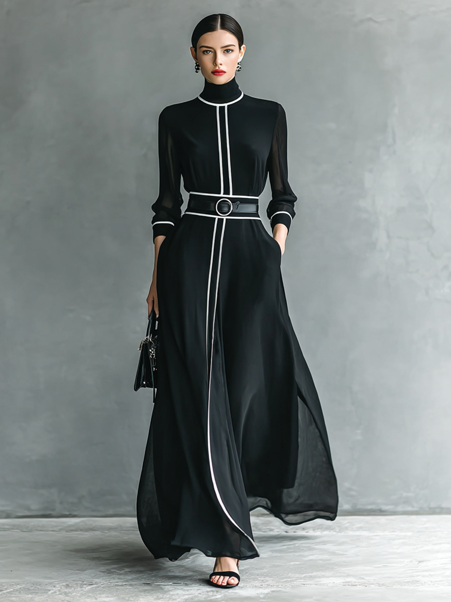 Rochie Maxi din Chiffon cu Guler Înalt și Mâneci Lungi pentru Femei cu Bordură Albă