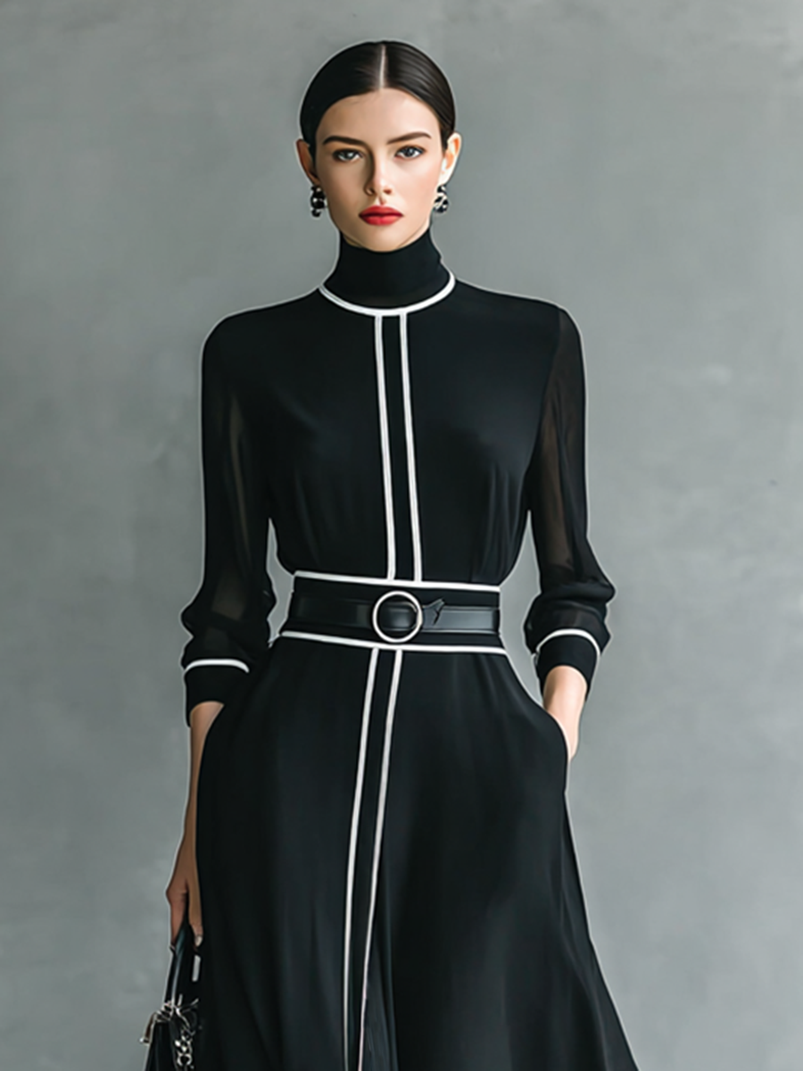 Rochie Maxi din Chiffon cu Guler Înalt și Mâneci Lungi pentru Femei cu Bordură Albă