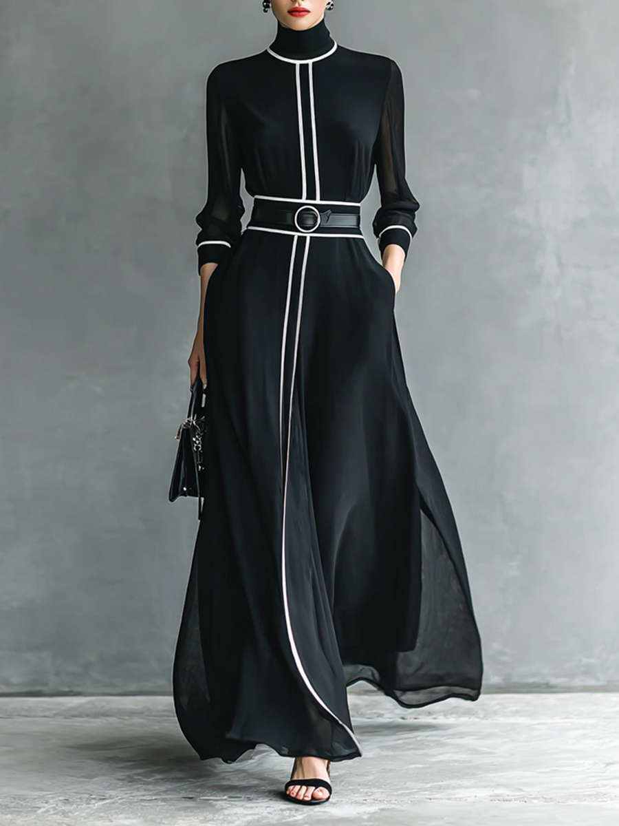 Rochie Maxi din Chiffon cu Guler Înalt și Mâneci Lungi pentru Femei cu Bordură Albă