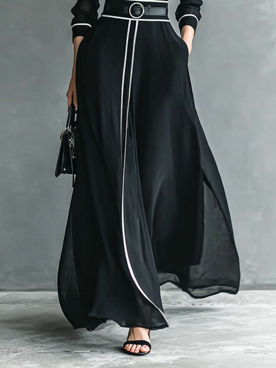 Rochie Maxi din Chiffon cu Guler Înalt și Mâneci Lungi pentru Femei cu Bordură Albă