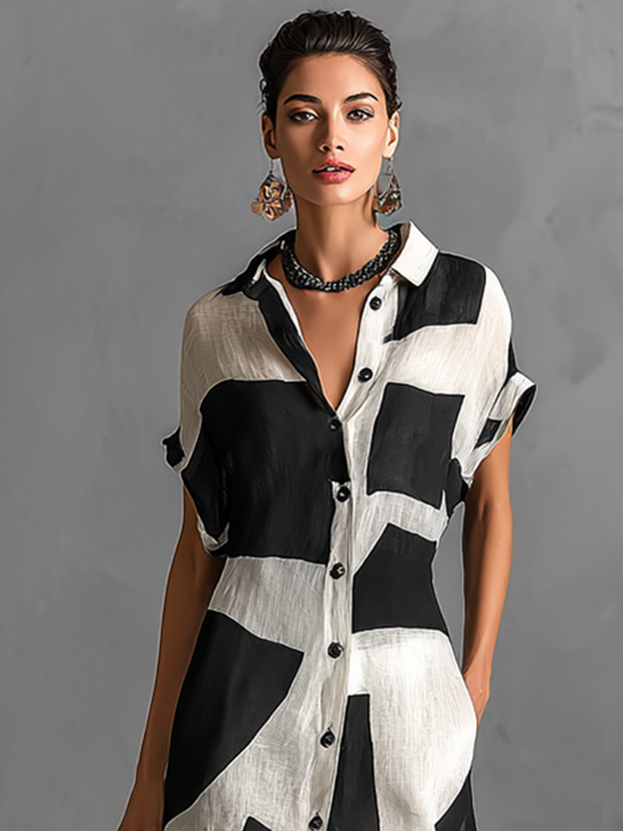 Rochie Camasa Maxi din Chiffon pentru Femei cu Imprimare Geometrică Irregulară și Guler Reversibil, Mâneci Scurte, Buton Unic