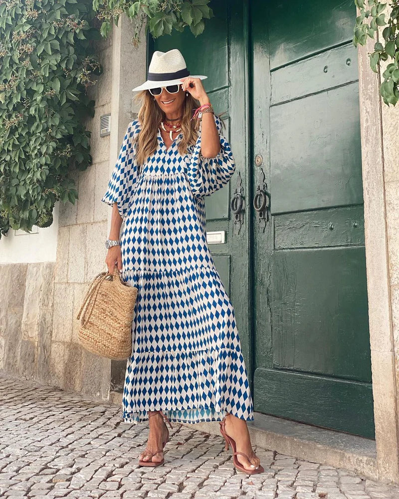 Livia | Rochie geometrică albastră și albă