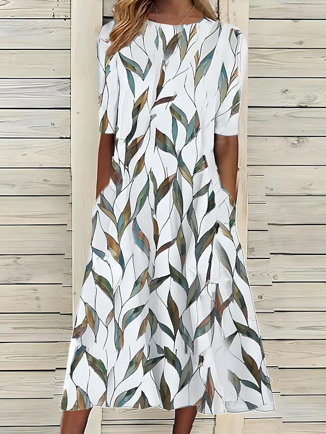 Céleste | Rochie midi de vară cu flori de coastă și decolteu rotund
