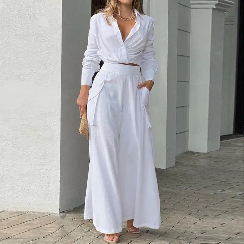 Compleu de vară cu cămașă legată și pantaloni palazzo cu talie înaltă